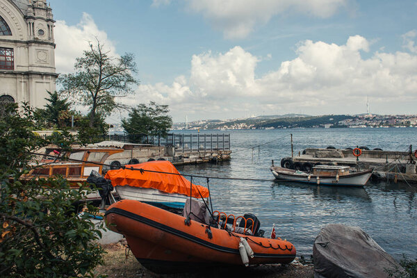 Moored boats on coast of Istanbul, Turkey 