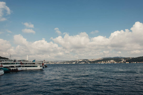 Ships and coast of Istanbul with sky at background, Turkey 