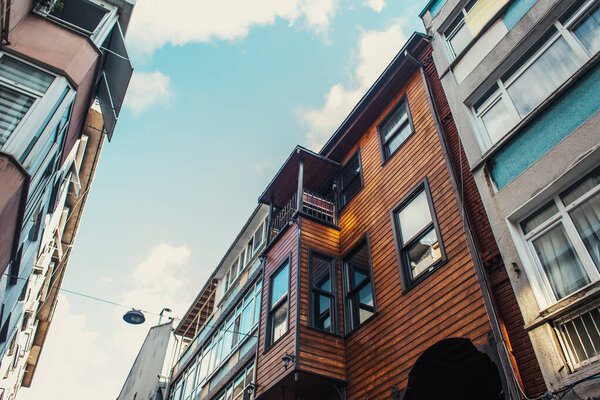 Low angle view of buildings with balconies and sky in Istanbul, Turkey 