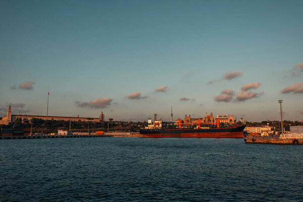 Cargo ship moored in port of Istanbul, Turkey 