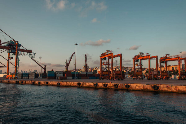 Industrial cranes in sea port of Istanbul, Turkey 