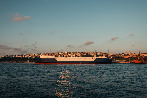 Cargo ship moored in port of Istanbul, Turkey 