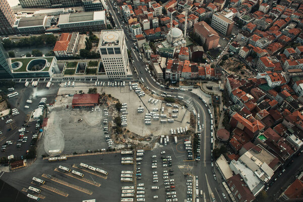 Aerial view of cars and houses on street of Istanbul, Turkey 
