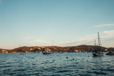 Boğazdaki yatlar ve yeşil tepelerdeki şehir manzarası, İstanbul, Türkiye