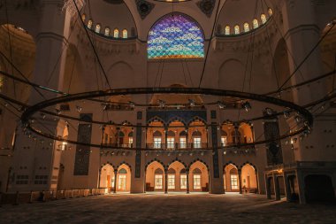 ISTANBUL, TURKEY - NOVEMBER 12, 2020: interior of Mihrimah Sultan Mosque with natural light coming through windows clipart