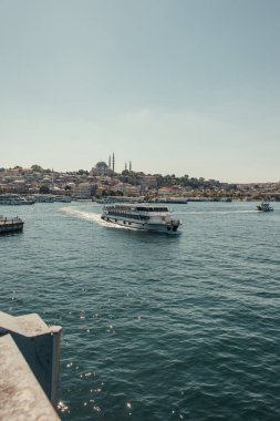 touristic ship floating on Bosphorus strait, and view of seafront with moored vessels, Istanbul, Turkey clipart