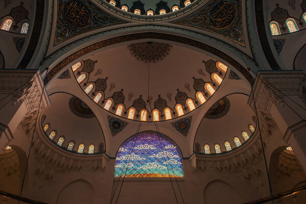 ISTANBUL, TURKEY - NOVEMBER 12, 2020: interior of Mihrimah Sultan Mosque with decorated arch ceiling