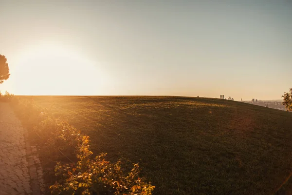 Auringonlasku Yli Vihreä Ruohoinen Kukkula — kuvapankkivalokuva