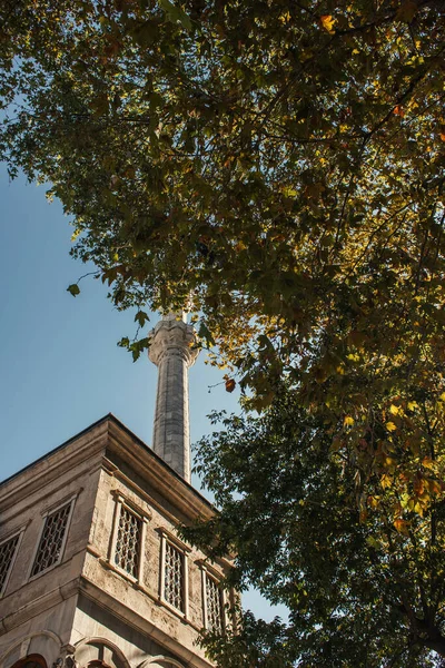 Vista en ángulo bajo de la fachada y columna de la mezquita Mihrimah Sultan, Estambul, Turquía - foto de stock