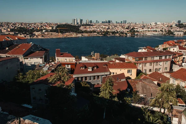 Aerial view of old and modern houses, and Bosphorus strait — Stock Photo