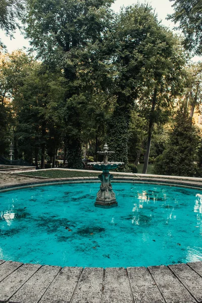 Decorated fountain with blue water in green park — Stock Photo
