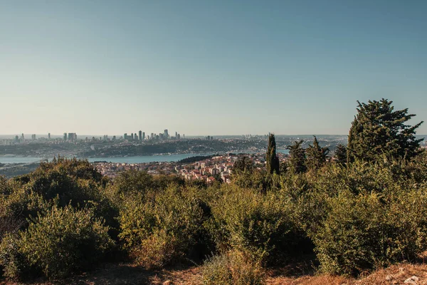 Arbres verts sur la colline, et vue sur la ville avec le détroit de Bosphore — Photo de stock