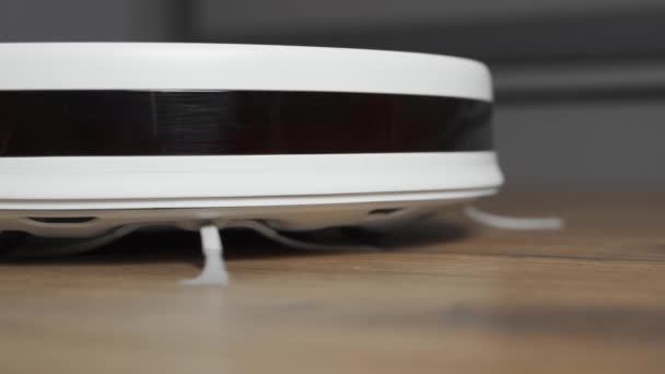 Белый робот-пылесос очищает пол от пыли в интерьере гостиной. — стоковое видео