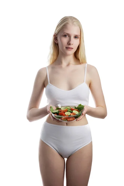 Healthy woman with fresh salad — Stock Photo, Image