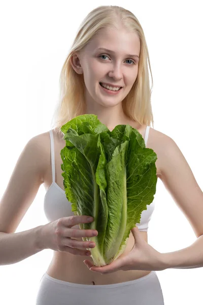 Hermosa mujer delgado figura cintura ensalada comida — Foto de Stock