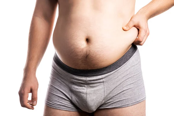 Grubas z dużym brzuchem. Człowiek zagrożony cukrzycą, Otyli ludzie z cukrzycą — Zdjęcie stockowe