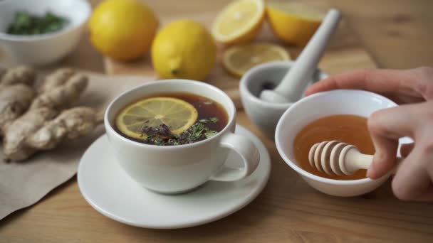 Coloque uma colher de chá de mel em uma xícara de chá quente com limão. — Vídeo de Stock