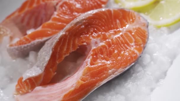 Filetes de salmón y filete de salmón. Filetes de salmón fresco y filete se colocan en el hielo — Vídeos de Stock