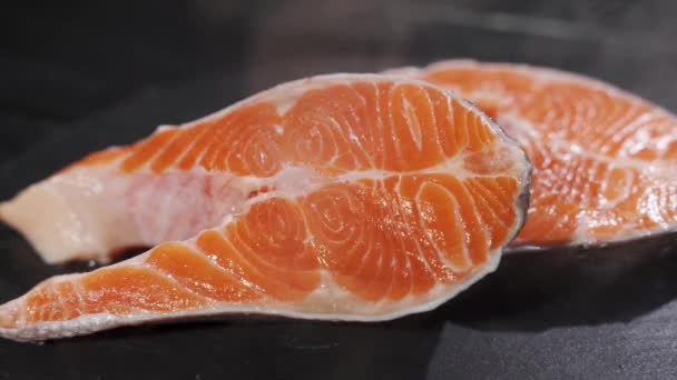 Лосось. Сырой форель Красная рыба стейк с травами и лимоном и оливковым маслом на шифер. — стоковое видео