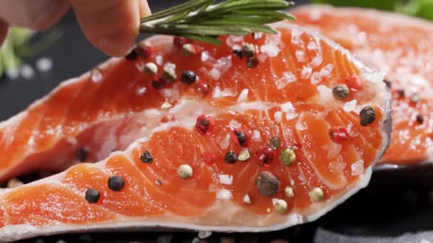 Un cuoco mette un rametto di rosmarino su una bistecca di salmone.Pesce rosso salmone crudo con pepe e sale. — Video Stock