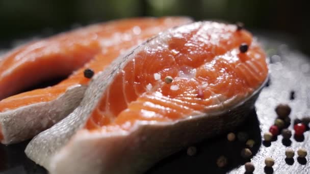 Bifes de salmão macro com sal e pimenta. Rotação. — Vídeo de Stock