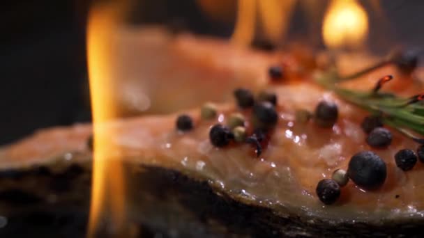 Female cook seasoning black pepper salmon steaks on grill. — Stock Video