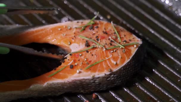 Grilování filet z lososa na udícím grilu. Uzavřít filet z lososa na grilu na dřevěném uhlí. — Stock video