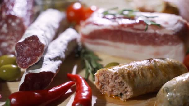 Fresh and declicious antipasto meat appetizers — Stock Video