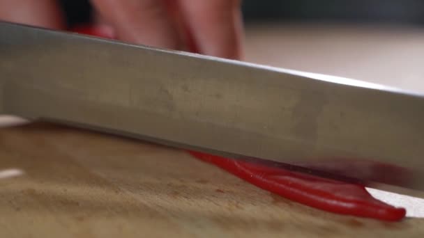 Experto en la mano corta salami condimentado Parma, finamente cortado con un cuchillo y emana el sabor y el sabor italiano — Vídeo de stock