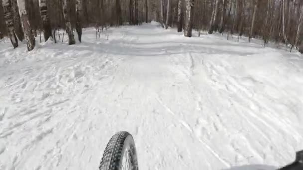 Biking in winter on bike. Woman biker riding bicycle in the snow in winter. — Stock Video