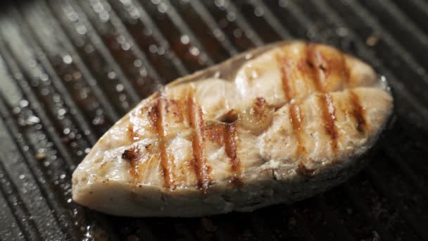 Ikan salmon dipanggang di panggangan. Konsep memasak barbekyu — Stok Video