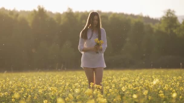 Junge Frau glücklich durch ein Feld mit Raps spazieren und gelbe Blumen berühren. — Stockvideo