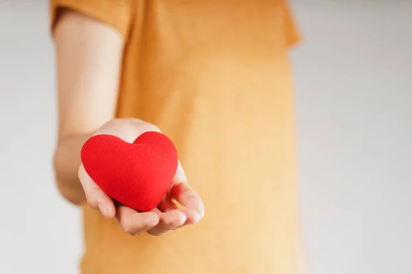 Mujer Con Corazón Rojo Amor Seguro Salud Donación Feliz Voluntario — Foto de Stock