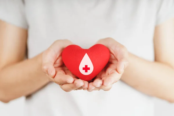 Manos Mujer Sosteniendo Corazón Rojo Con Signo Donante Sangre Salud — Foto de Stock