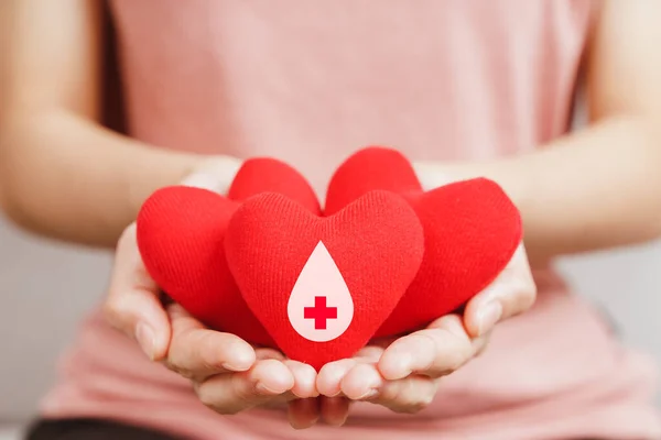 Kobieta Trzyma Czerwone Serce Znakiem Dawcy Krwi Opieka Zdrowotna Leki — Zdjęcie stockowe