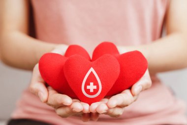 Kan donörü işareti olan kırmızı kalbi tutan kadın elleri. Sağlık, ilaç ve kan bağışı konsepti