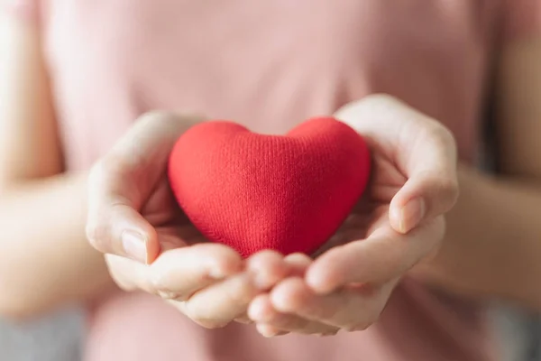 Donna Con Cuore Rosso Amore Assicurazione Sanitaria Donazione Volontariato Beneficenza — Foto Stock