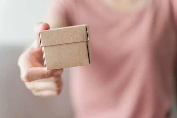 Close Woman Hands Holding Small Gift Box Small Present Box — Stock Photo, Image