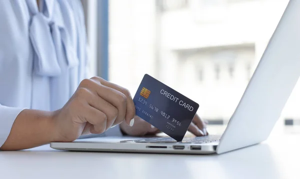 Women Use Laptop Register Credit Cards Make Online Purchases Using — Stock Photo, Image