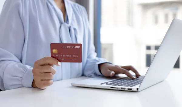 Women Use Laptop Register Credit Cards Make Online Purchases Using — Stock Photo, Image