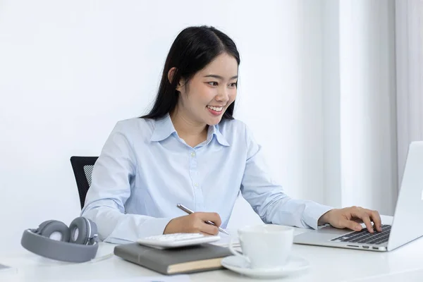 Asian Woman Studying Online Internet Cheerful Smile Stay Home New Stock Photo