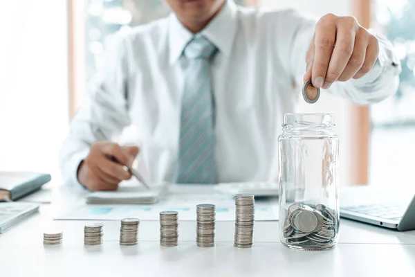 Financial Business Man Coins Put Jar Saving Money Future Growth — Stock Photo, Image