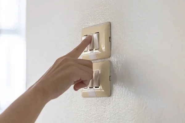 Close Young Man Hand Pressed Button Turn Light Switch Open — Stock Photo, Image