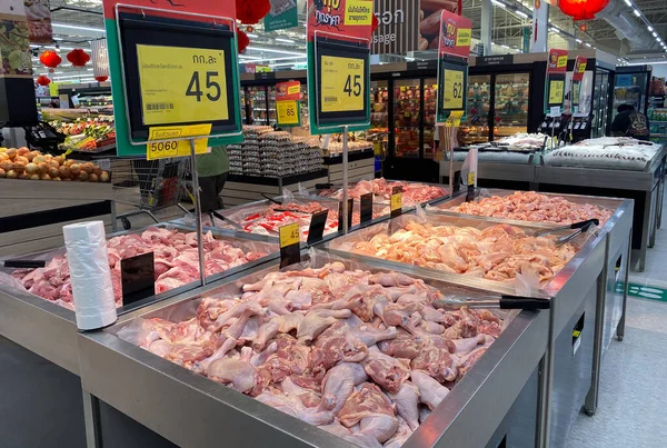 Tesco Lotus Thailand Fevereiro 2021 Variedade Carne Fresca Peixe Fresco — Fotografia de Stock