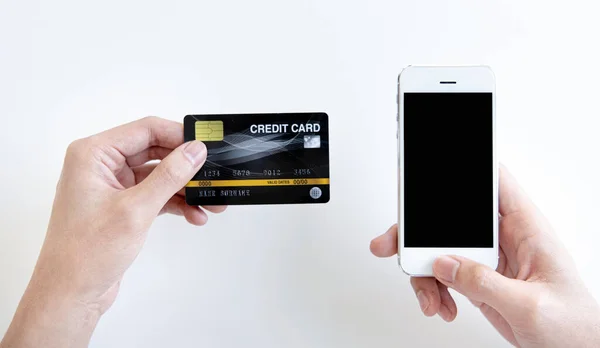 Businessman Use Mobile Phones Register Security Online Credit Card Buy — Stock Photo, Image