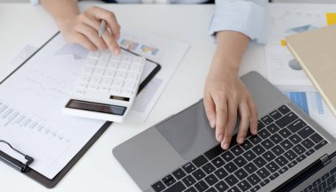 Finans veya muhasebe uzmanları, şirketin gelir-gider grafiğini analiz etmek için dizüstü bilgisayar kullanarak, oda konseptinde çalışan yönetici ve ortaklara, iş kadınlarına sunuma hazırlanıyorlar..