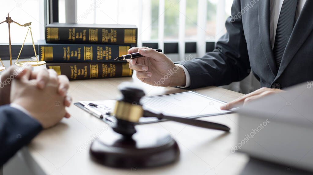 Attorney or judge provides legal advice to the client in the courtroom, Ethics in the courts include justice and impartiality, legal consultant, scales of justice, law hammer, Litigation and justice.