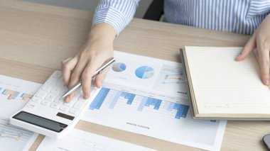 Muhasebe müdürü, sonuçların incelenmesi ve analiz edilmesi için grafikler kullanarak şirketin mali büyüme istatistiklerini kaydediyor..