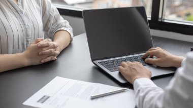 Job application, Employer or HR examines the applicant's information with a laptop to check their work history and ability to perform, Manager resource employment and recruitment.
