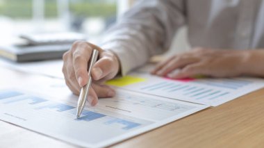 Asyalı işadamları grafikleri, mali istatistikleri ve özel ofislerdeki kurumsal getirileri, piyasa araştırma raporlarını ve gelir istatistiklerini, Mali ve Muhasebe kavramını analiz ediyorlar..